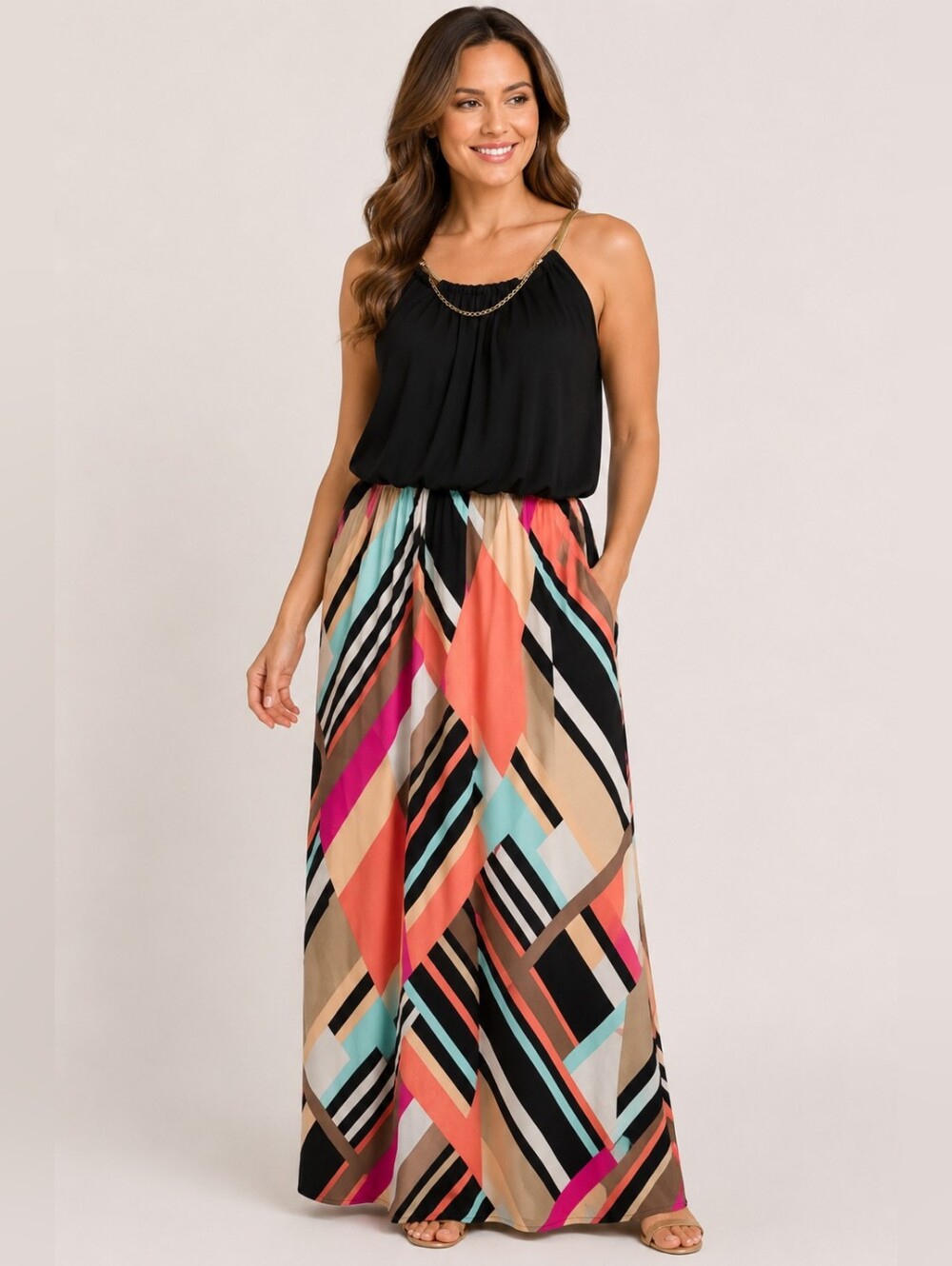 ✨ Sam & Jess Colorblock Maxi Dress | Gold Chain Strap Detail | Size XL | NWT